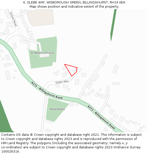 4, GLEBE WAY, WISBOROUGH GREEN, BILLINGSHURST, RH14 0EA: Location map and indicative extent of plot