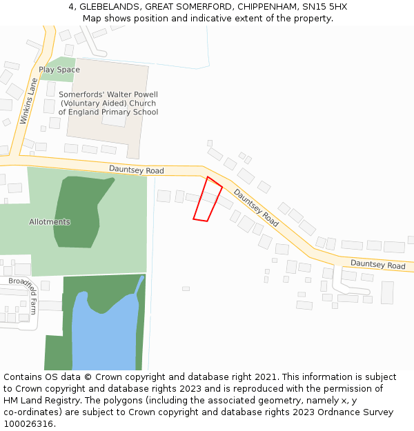 4, GLEBELANDS, GREAT SOMERFORD, CHIPPENHAM, SN15 5HX: Location map and indicative extent of plot