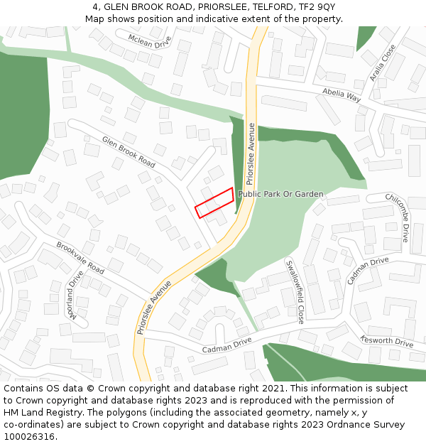4, GLEN BROOK ROAD, PRIORSLEE, TELFORD, TF2 9QY: Location map and indicative extent of plot