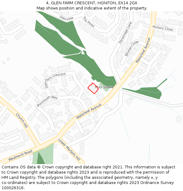 4, GLEN FARM CRESCENT, HONITON, EX14 2GX: Location map and indicative extent of plot