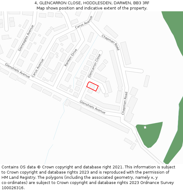 4, GLENCARRON CLOSE, HODDLESDEN, DARWEN, BB3 3RF: Location map and indicative extent of plot