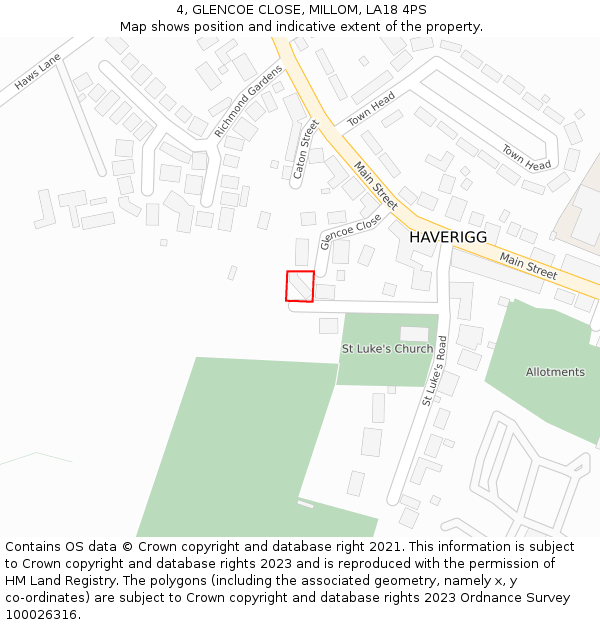 4, GLENCOE CLOSE, MILLOM, LA18 4PS: Location map and indicative extent of plot