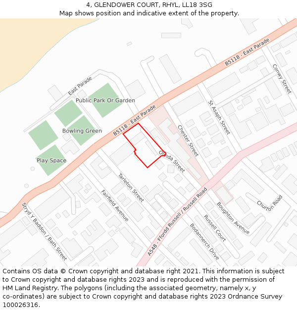 4, GLENDOWER COURT, RHYL, LL18 3SG: Location map and indicative extent of plot