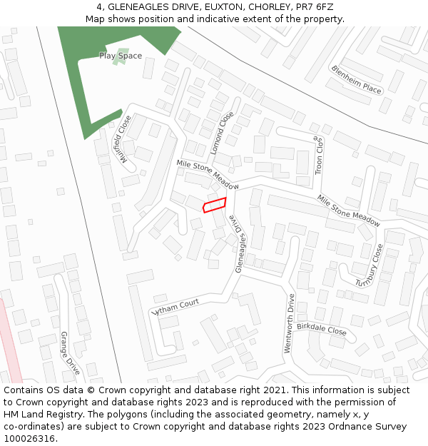 4, GLENEAGLES DRIVE, EUXTON, CHORLEY, PR7 6FZ: Location map and indicative extent of plot