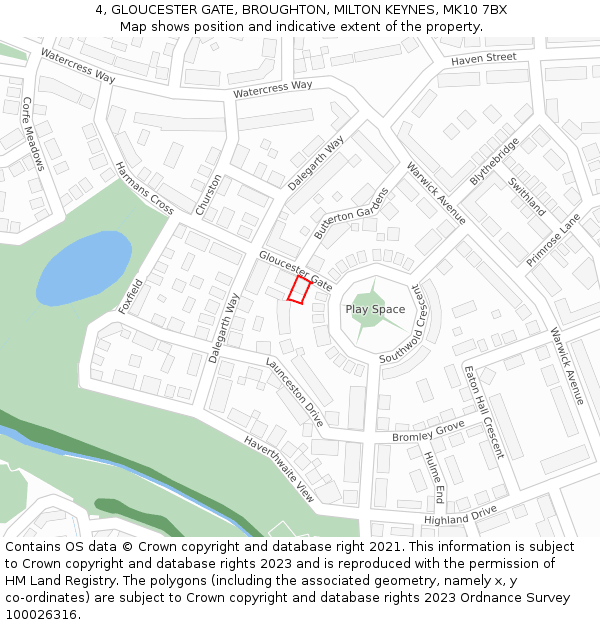 4, GLOUCESTER GATE, BROUGHTON, MILTON KEYNES, MK10 7BX: Location map and indicative extent of plot