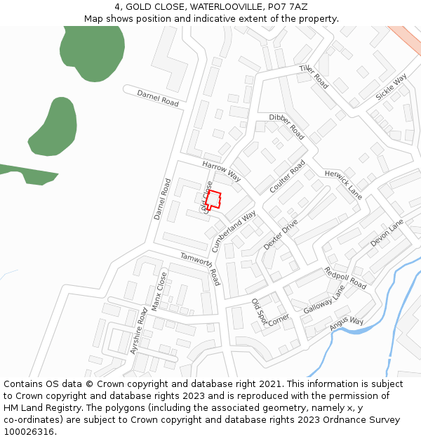 4, GOLD CLOSE, WATERLOOVILLE, PO7 7AZ: Location map and indicative extent of plot