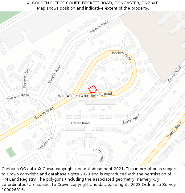 4, GOLDEN FLEECE COURT, BECKETT ROAD, DONCASTER, DN2 4LE: Location map and indicative extent of plot