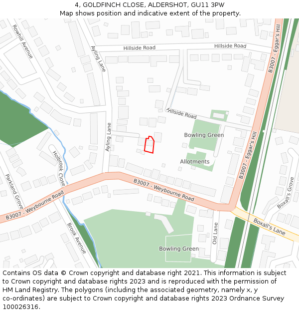 4, GOLDFINCH CLOSE, ALDERSHOT, GU11 3PW: Location map and indicative extent of plot