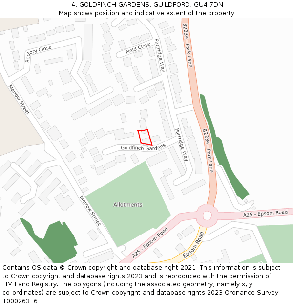 4, GOLDFINCH GARDENS, GUILDFORD, GU4 7DN: Location map and indicative extent of plot