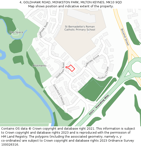 4, GOLDHAWK ROAD, MONKSTON PARK, MILTON KEYNES, MK10 9QD: Location map and indicative extent of plot