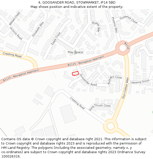 4, GOOSANDER ROAD, STOWMARKET, IP14 5BD: Location map and indicative extent of plot