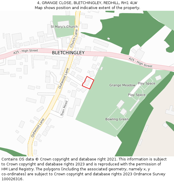 4, GRANGE CLOSE, BLETCHINGLEY, REDHILL, RH1 4LW: Location map and indicative extent of plot