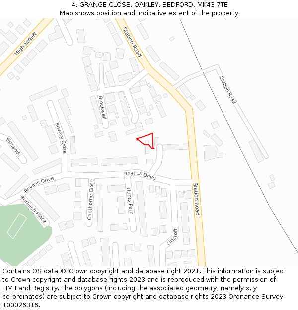 4, GRANGE CLOSE, OAKLEY, BEDFORD, MK43 7TE: Location map and indicative extent of plot