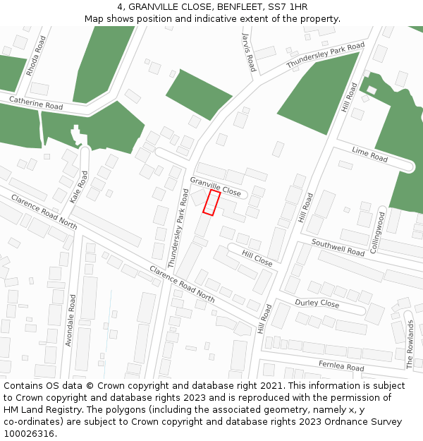 4, GRANVILLE CLOSE, BENFLEET, SS7 1HR: Location map and indicative extent of plot