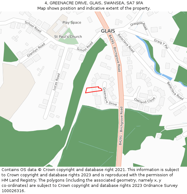 4, GREENACRE DRIVE, GLAIS, SWANSEA, SA7 9FA: Location map and indicative extent of plot