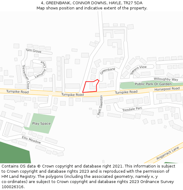 4, GREENBANK, CONNOR DOWNS, HAYLE, TR27 5DA: Location map and indicative extent of plot