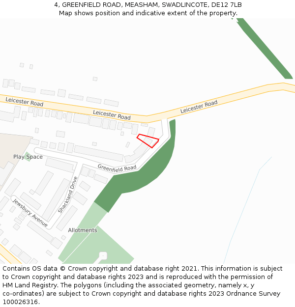 4, GREENFIELD ROAD, MEASHAM, SWADLINCOTE, DE12 7LB: Location map and indicative extent of plot