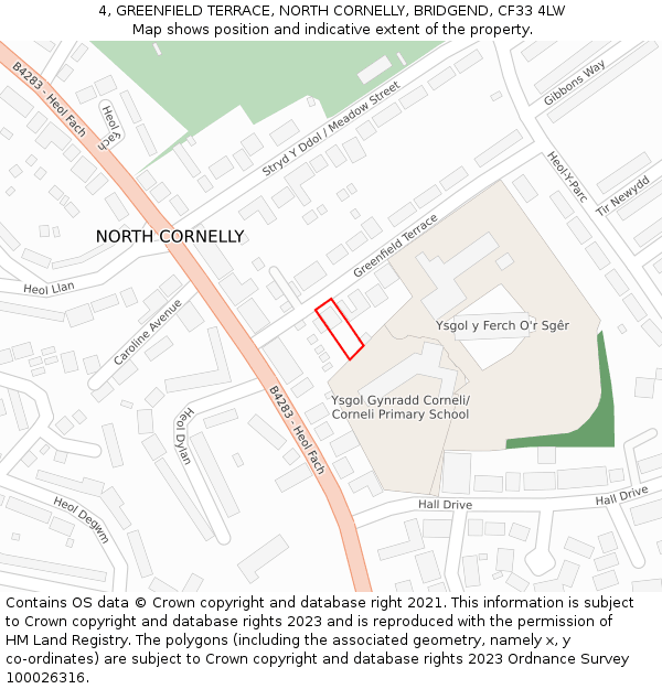 4, GREENFIELD TERRACE, NORTH CORNELLY, BRIDGEND, CF33 4LW: Location map and indicative extent of plot