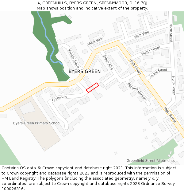 4, GREENHILLS, BYERS GREEN, SPENNYMOOR, DL16 7QJ: Location map and indicative extent of plot