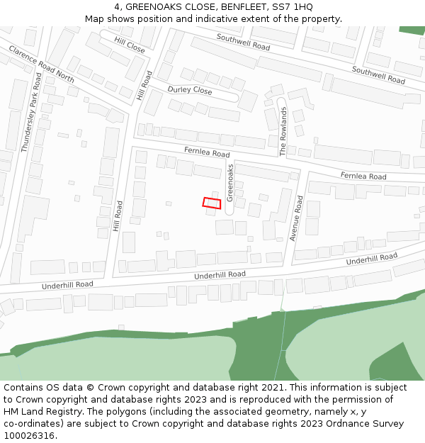 4, GREENOAKS CLOSE, BENFLEET, SS7 1HQ: Location map and indicative extent of plot