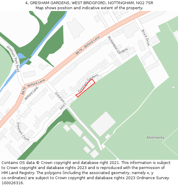 4, GRESHAM GARDENS, WEST BRIDGFORD, NOTTINGHAM, NG2 7SR: Location map and indicative extent of plot