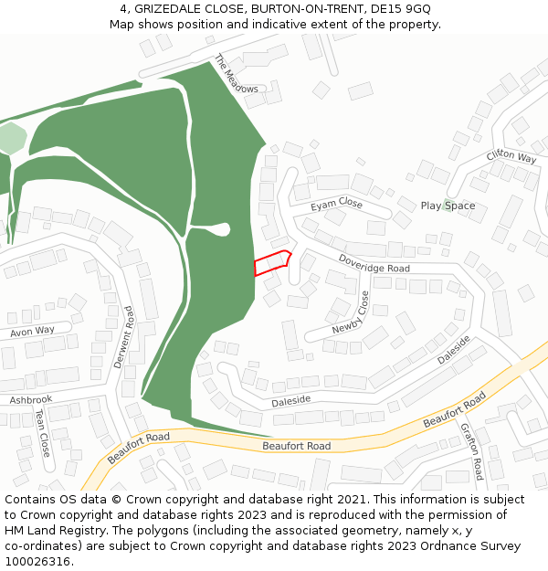 4, GRIZEDALE CLOSE, BURTON-ON-TRENT, DE15 9GQ: Location map and indicative extent of plot