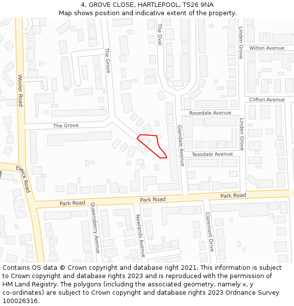 4, GROVE CLOSE, HARTLEPOOL, TS26 9NA: Location map and indicative extent of plot