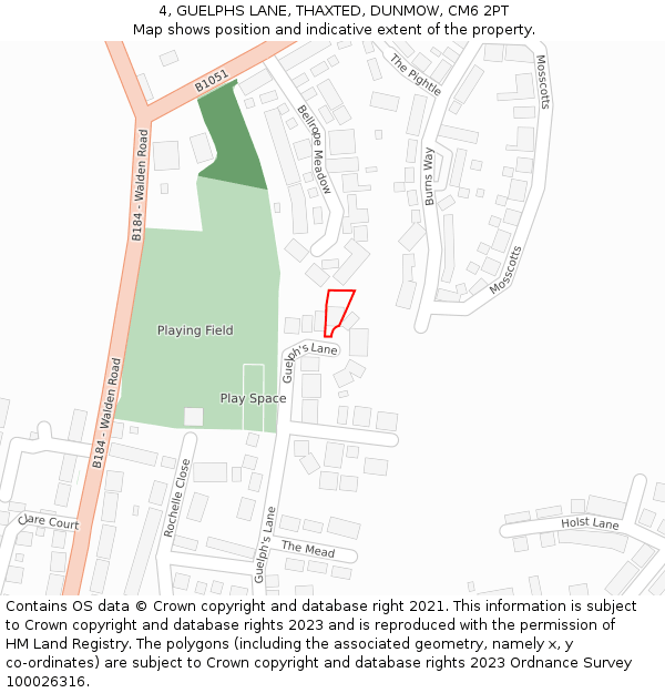 4, GUELPHS LANE, THAXTED, DUNMOW, CM6 2PT: Location map and indicative extent of plot