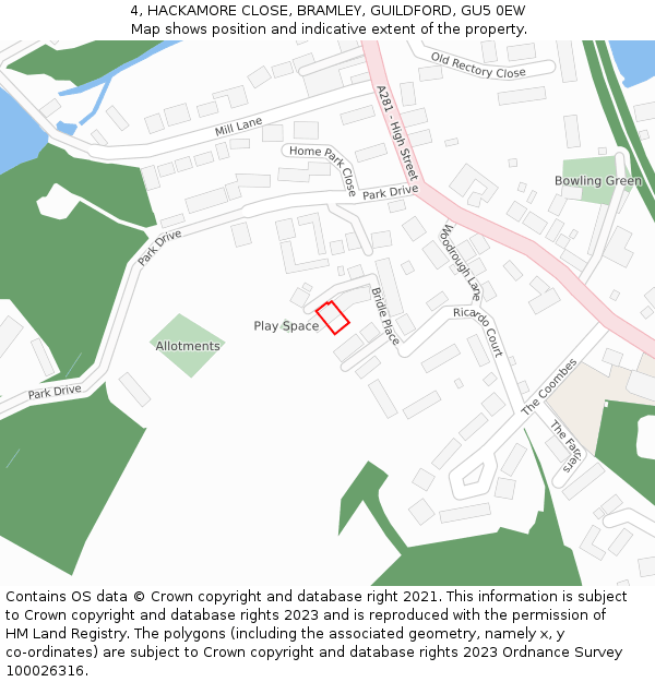 4, HACKAMORE CLOSE, BRAMLEY, GUILDFORD, GU5 0EW: Location map and indicative extent of plot
