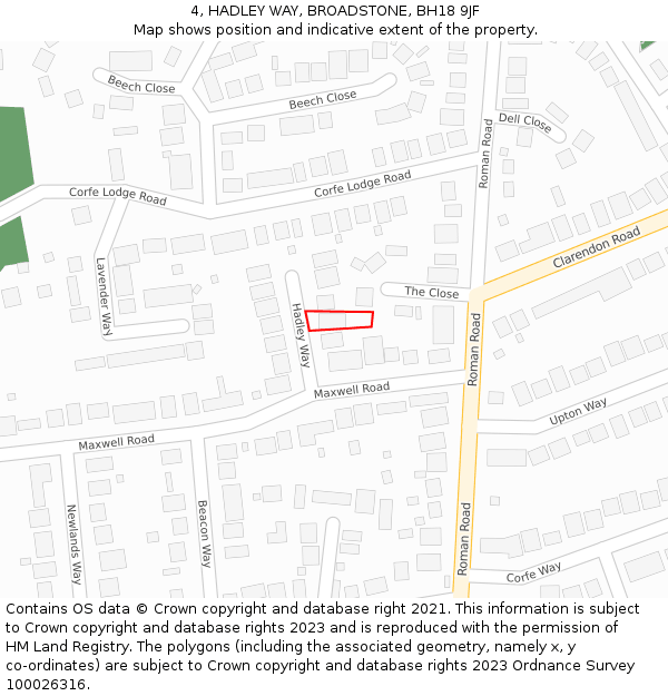 4, HADLEY WAY, BROADSTONE, BH18 9JF: Location map and indicative extent of plot