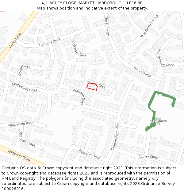 4, HAGLEY CLOSE, MARKET HARBOROUGH, LE16 8EJ: Location map and indicative extent of plot