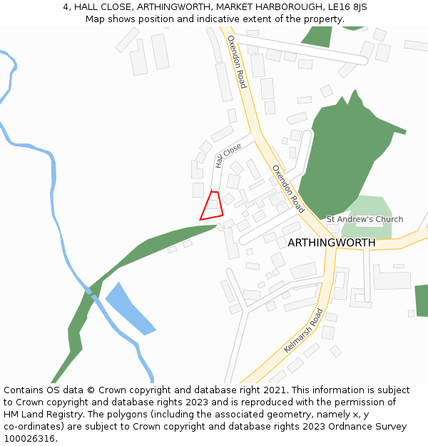 4, HALL CLOSE, ARTHINGWORTH, MARKET HARBOROUGH, LE16 8JS: Location map and indicative extent of plot