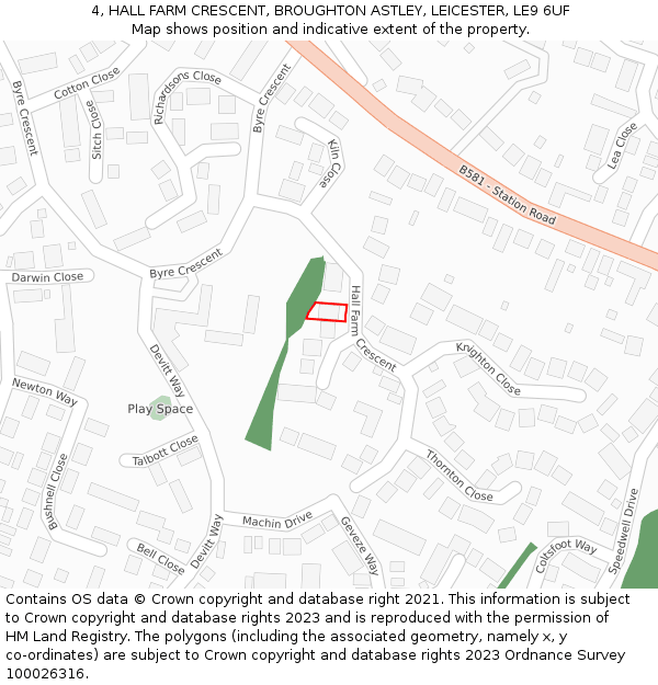 4, HALL FARM CRESCENT, BROUGHTON ASTLEY, LEICESTER, LE9 6UF: Location map and indicative extent of plot