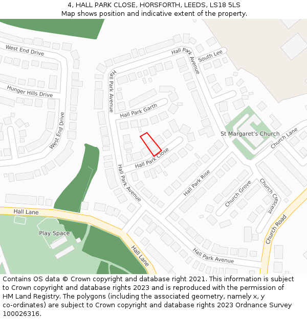 4, HALL PARK CLOSE, HORSFORTH, LEEDS, LS18 5LS: Location map and indicative extent of plot