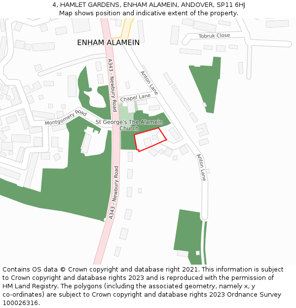 4, HAMLET GARDENS, ENHAM ALAMEIN, ANDOVER, SP11 6HJ: Location map and indicative extent of plot