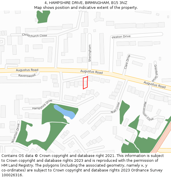 4, HAMPSHIRE DRIVE, BIRMINGHAM, B15 3NZ: Location map and indicative extent of plot