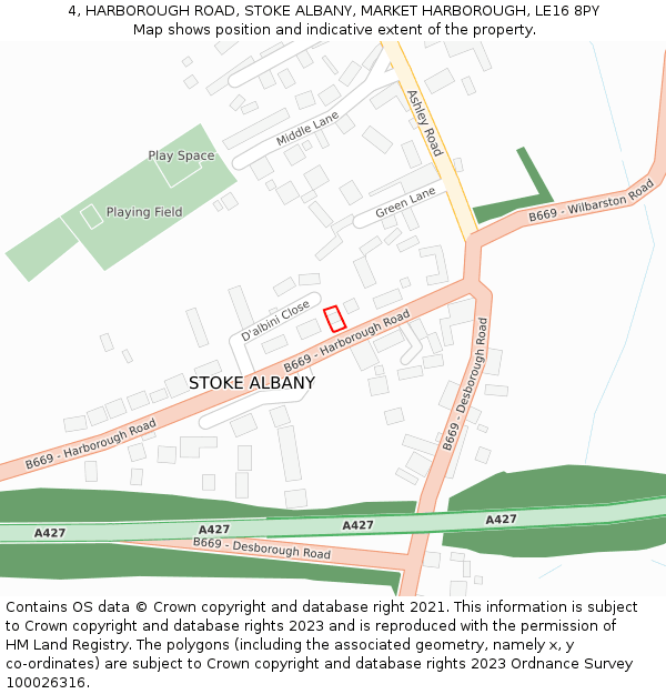 4, HARBOROUGH ROAD, STOKE ALBANY, MARKET HARBOROUGH, LE16 8PY: Location map and indicative extent of plot
