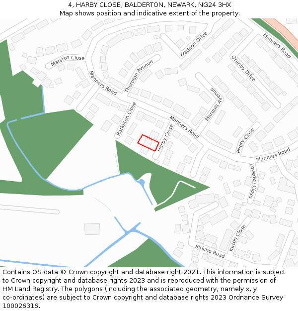 4, HARBY CLOSE, BALDERTON, NEWARK, NG24 3HX: Location map and indicative extent of plot