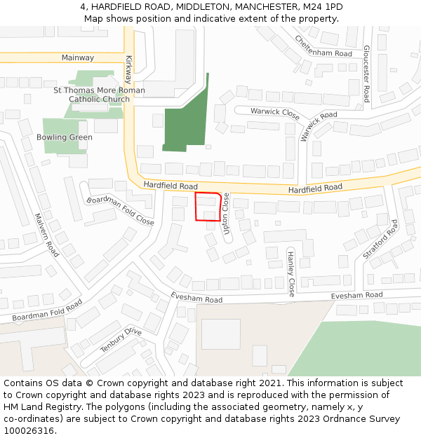 4, HARDFIELD ROAD, MIDDLETON, MANCHESTER, M24 1PD: Location map and indicative extent of plot