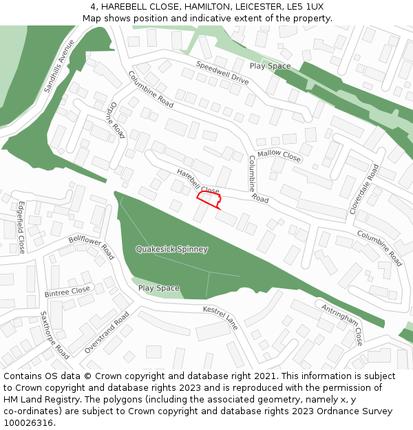 4, HAREBELL CLOSE, HAMILTON, LEICESTER, LE5 1UX: Location map and indicative extent of plot