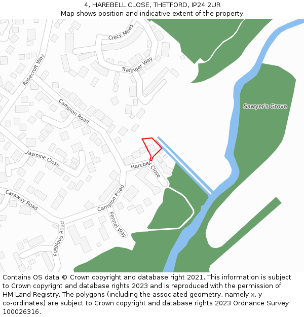 4, HAREBELL CLOSE, THETFORD, IP24 2UR: Location map and indicative extent of plot