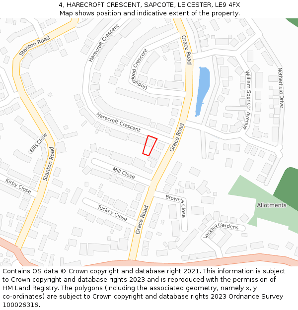 4, HARECROFT CRESCENT, SAPCOTE, LEICESTER, LE9 4FX: Location map and indicative extent of plot