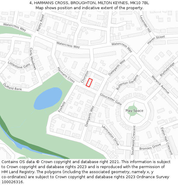 4, HARMANS CROSS, BROUGHTON, MILTON KEYNES, MK10 7BL: Location map and indicative extent of plot