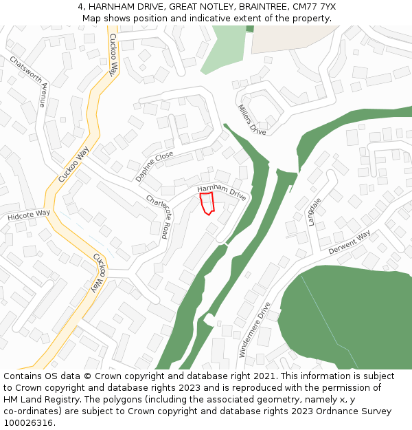 4, HARNHAM DRIVE, GREAT NOTLEY, BRAINTREE, CM77 7YX: Location map and indicative extent of plot