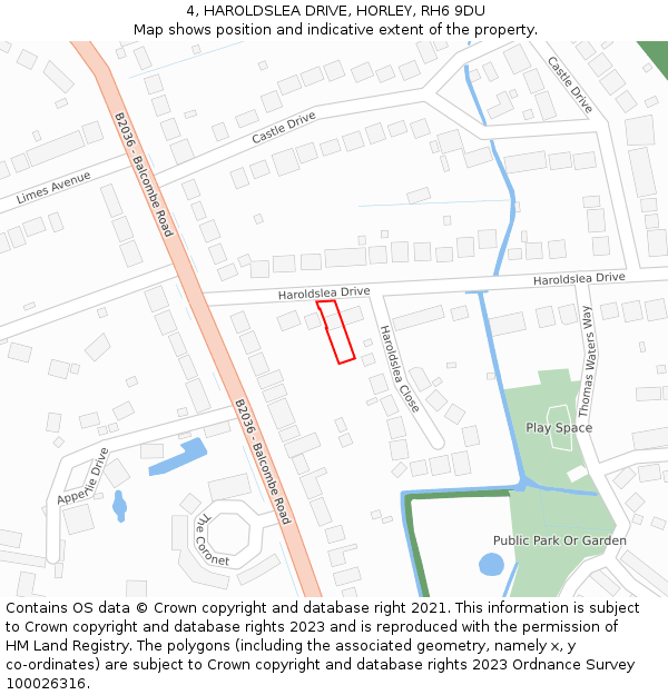 4, HAROLDSLEA DRIVE, HORLEY, RH6 9DU: Location map and indicative extent of plot