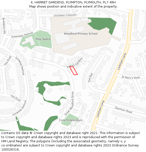 4, HARRIET GARDENS, PLYMPTON, PLYMOUTH, PL7 4RH: Location map and indicative extent of plot