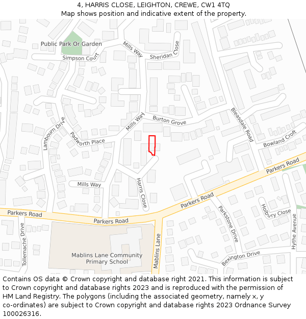 4, HARRIS CLOSE, LEIGHTON, CREWE, CW1 4TQ: Location map and indicative extent of plot