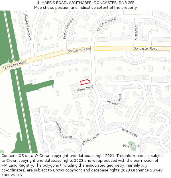 4, HARRIS ROAD, ARMTHORPE, DONCASTER, DN3 2FE: Location map and indicative extent of plot