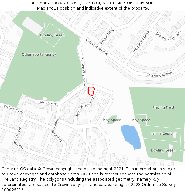 4, HARRY BROWN CLOSE, DUSTON, NORTHAMPTON, NN5 6UR: Location map and indicative extent of plot