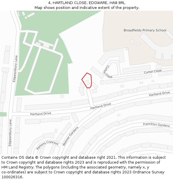 4, HARTLAND CLOSE, EDGWARE, HA8 8RL: Location map and indicative extent of plot